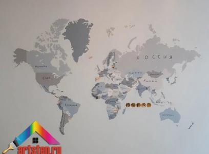 Роспись стен в детской  Серая карта мира на заказ в СПб